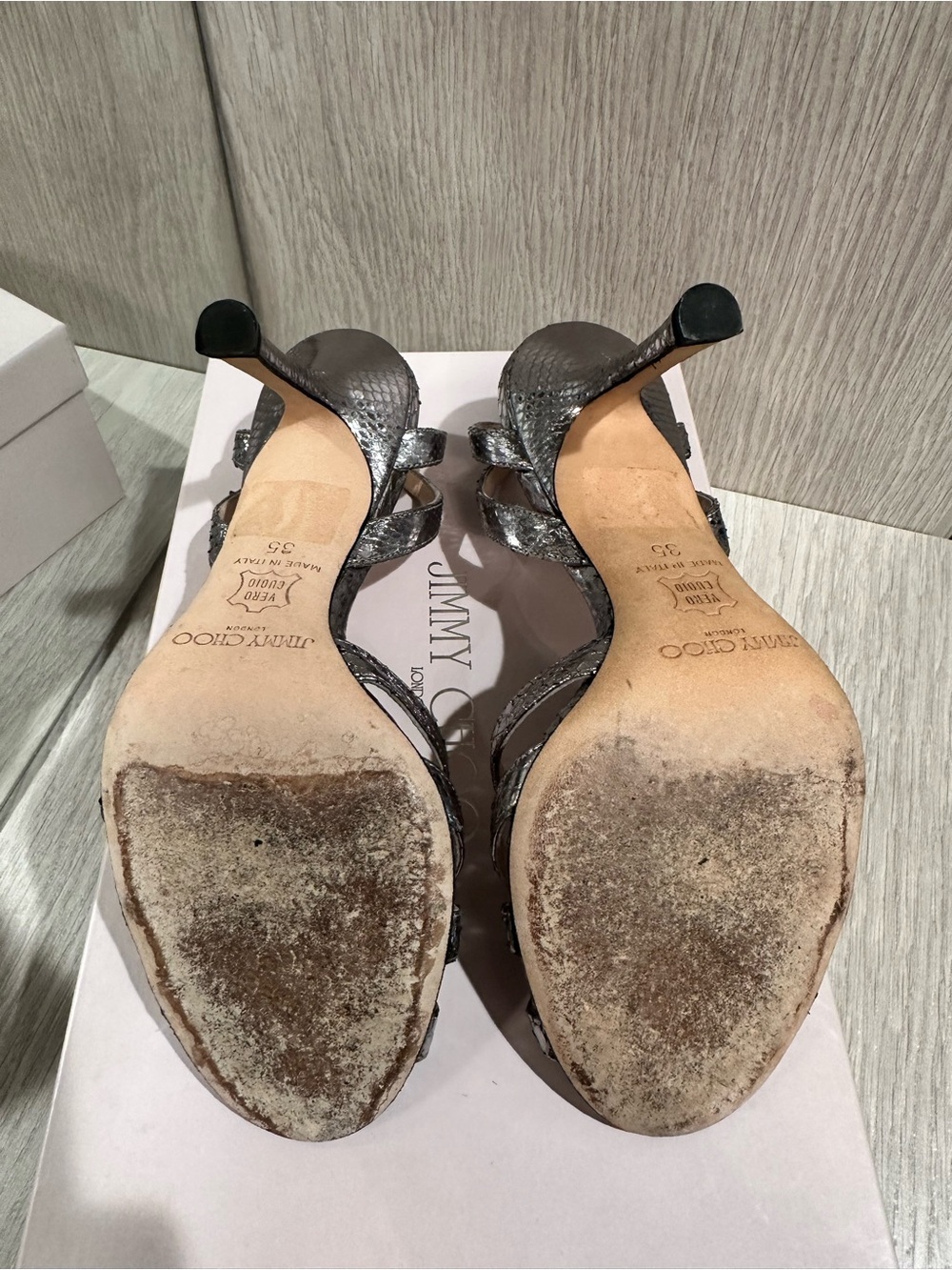Jimmy Choo Silver Snakeskin Strappy Heels - Picture 6 of 6